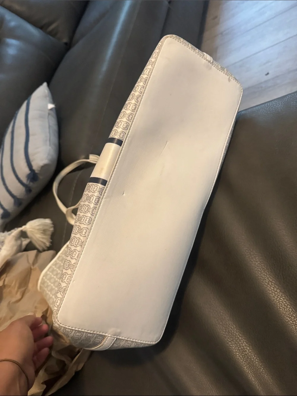 Tory Burch White and Navy Monogram Stripe Tote